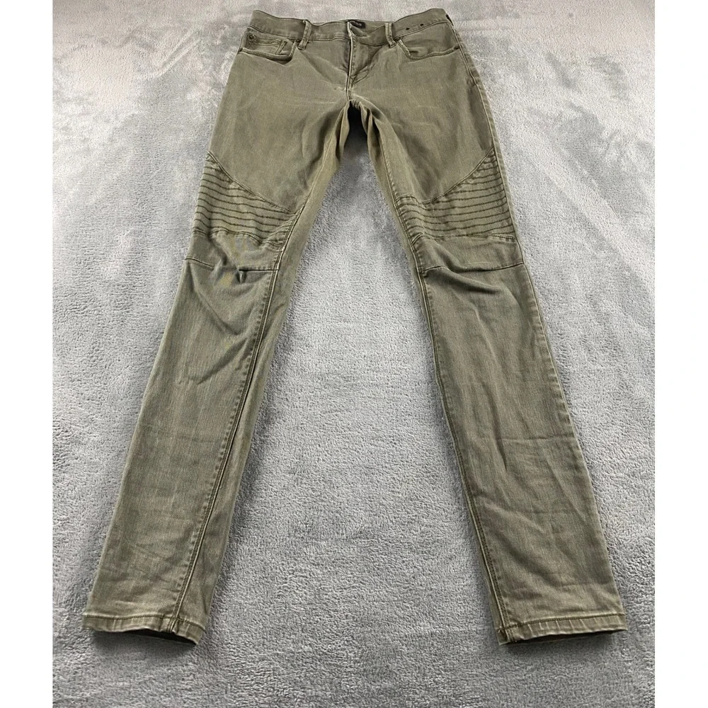 Express‎ Womens Moto Legging Mid Rise Olive Green Skinny Jeans Ribbed Knee Sz 2R